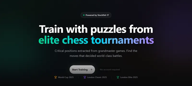 Screenshot of the Tactics app — puzzles from elite tournaments